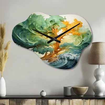 Design Art Redwood Tree Symphony Of Green Orange - Redwood Asymmetrical Metal Clock, Traditional Cloud Wall Clo In Red;orange