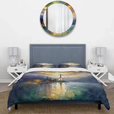 Design Art Religious Cross Reflections - Landscape Church Lake Duvet Cover Set - Microfiber Polyester In Yellow;purple