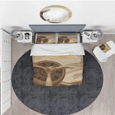 Design Art Retro Airplanes Sepia - Vintage Transportation Duvet Cover Set - Microfiber Polyester In Beige