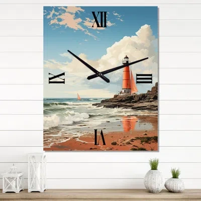 Design Art Retro Beach Illustration Lighthouse Beach - Beach Modern Wall Clock In Pink
