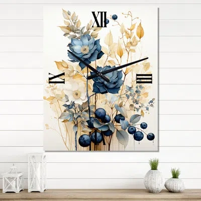 Design Art Retro Blooming Blue Rose Vintage Watercolor - Flowers Vintage Wall Clock