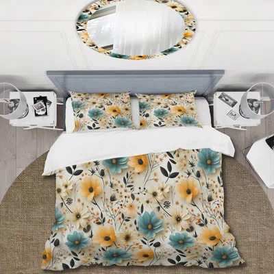 Design Art Retro Blue And Beige Floral Gardens Duvet Cover Set In Blue;beige