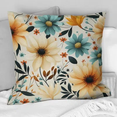 Design Art Retro Blue And Beige Floral Gardens I - Vintage Printed Throw Pillow In Blue;green;beige