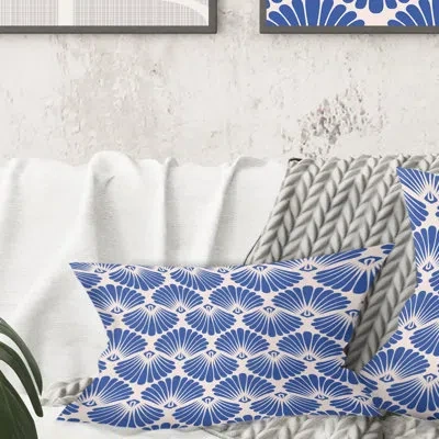 Design Art Retro Blue Waves - Mid-century Modernprinted Throw Pillow
