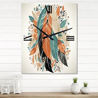 Design Art Retro Boho Feathers In Blue I - Feathers Wall Clock Oversized In Blue;brown