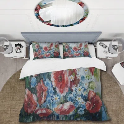 Design Art Retro Bouquet Of Poppies - Traditional Duvet Cover Set - Microfiber Polyester In Red,navy,green