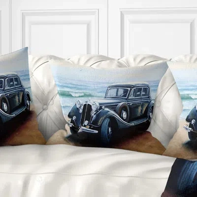 Design Art Retro Car On Sea Shore - Cars Printed Throw Pillow