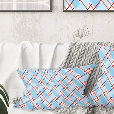 Design Art Retro Checkered Pattern I - Mid-century Modernprinted Throw Pillow In Blue