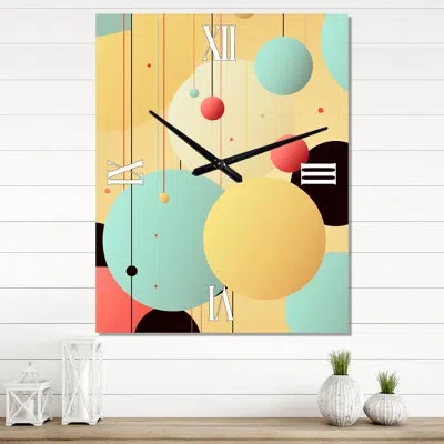 Design Art Retro Circular Geometrics In Blue And Pink Ii - Modern Geometric Wall Clock In Beige;turquoise
