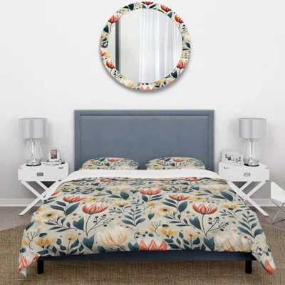 Design Art Retro Coral Flair Gardens Serenity - Floral Duvet Cover Set In White;teal;coral