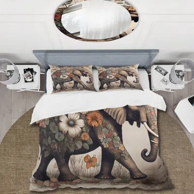 Design Art Retro Elephant Surrounded By Flowers Ii Beddingmicrofiber / Polyester Duvet Cover Set In Blue;brown;gray