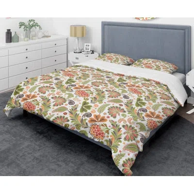 Design Art Retro Fantasy Flowers I Mid-century Duvet Cover Set In Green