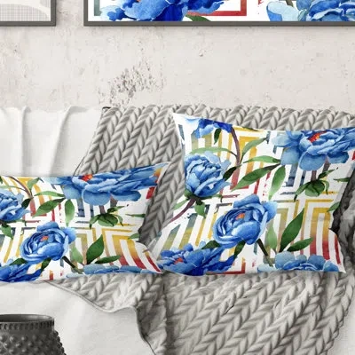 Design Art Retro Floral Botanical Design I - Mid-century Modernprinted Throw Pillow In Blue