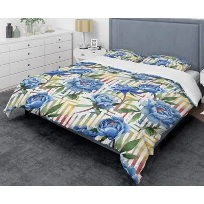Design Art Retro Floral Botanical I Mid-century Duvet Cover Set In Blue