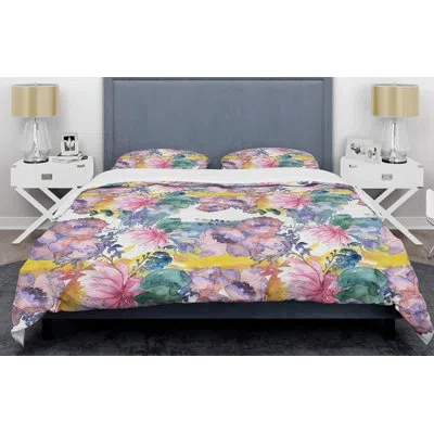 Design Art Retro Floral Botanical V Mid-century Duvet Cover Set In Pink,blue