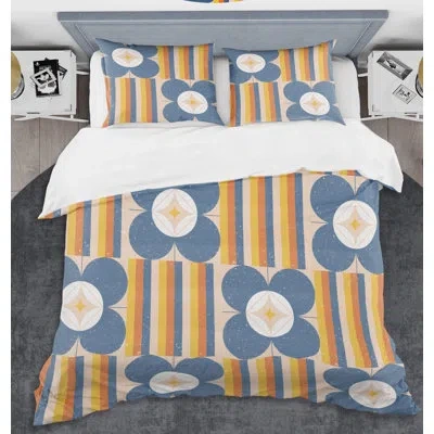 Design Art Retro Floral Iii Mid-century Duvet Cover Set In Blue,yellow,orange