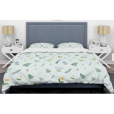 Design Art Retro Floral Ix Mid-century Duvet Cover Set In White,blue