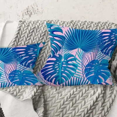 Design Art Retro Floral Pattern X - Mid-century Modernprinted Throw Pillow In Blue;blue