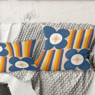 Design Art Retro Floral Pattern Xi - Mid-century Modernprinted Throw Pillow In Blue