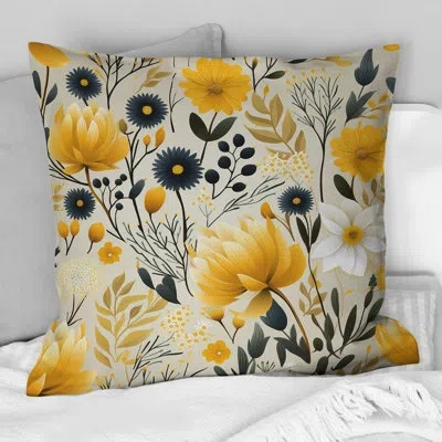 Design Art Retro Floral Revival Botanical Pattern Ii - Floral Polyester Throw Pillow In Black;yellow