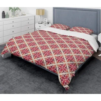 Design Art Retro Floral Vi Mid-century Duvet Cover Set In Red