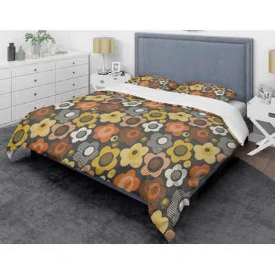 Design Art Retro Floral Vii Mid-century Duvet Cover Set In Brown