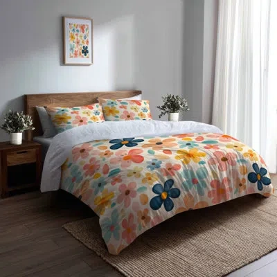 Design Art Retro Florals Bedding Set 3 Pcs For Teenagers - Vintage Mid Century Retro Flowers Duvet Cover And Cu In Blue;yellow