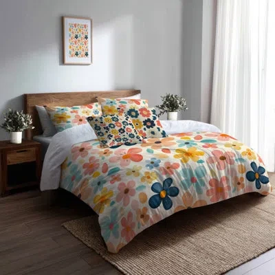 Design Art Retro Florals Bedding Set 5 Pcs For Teenagers - Vintage Mid Century Retro Flowers Duvet Cover And Cu In Blue;yellow