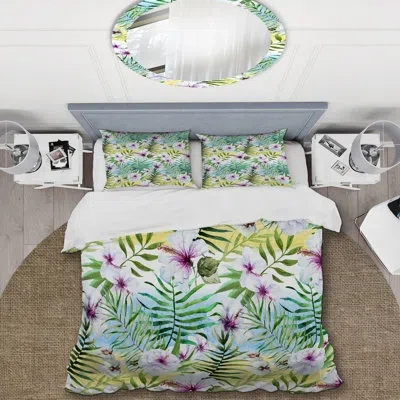 Design Art Retro Flower And Green Leaf - Floral Duvet Cover Set - Microfiber Polyester In Green,purple