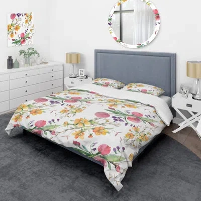 Design Art Retro Flower And Green Leaves - Floral Duvet Cover Set - Microfiber Polyester In White