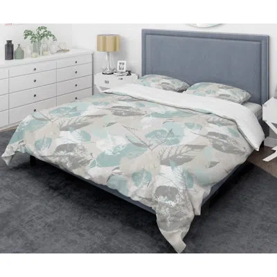 Design Art Retro Foliage I Mid-century Duvet Cover Set In White,blue