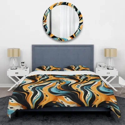 Design Art Retro Futurism In Orange And Blue Waves - Abstract Duvet Cover Set - Microfiber Polyester In Blue;orange