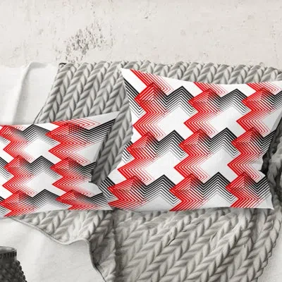 Design Art Retro Geometrical Abstract Minimal Pattern Viii - Mid-century Modern Printed Throw Pillow In Black;red