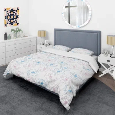 Design Art Retro Hand Drawn Poppies I - Vintage Abstract Duvet Cover Set - Microfiber Polyester In Blue,red,white