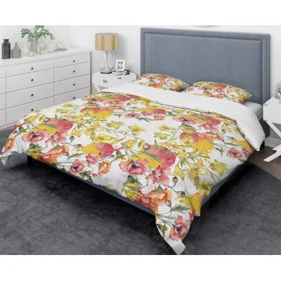 Design Art Retro Hand Drawn Poppies Iv - Vintage Abstract Duvet Cover Set - Microfiber Polyester In Yellow