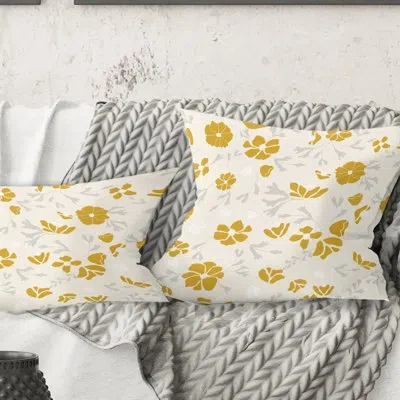 Design Art Retro Handdrawn Poppies Iii - Mid-century Modern Printed Throw Pillow In Yellow
