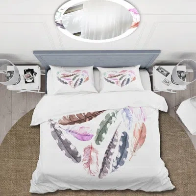 Design Art Retro Heart With Pink Bird Feathers - Bohemian & Eclectic Duvet Cover Set - Microfiber Polyester In Brown,purple,blue
