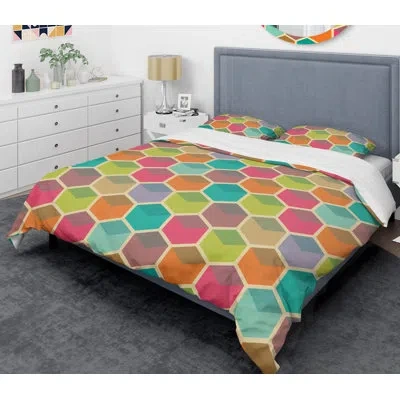 Design Art Retro Hexagon I Mid-century Duvet Cover Set In Blue,green,blue