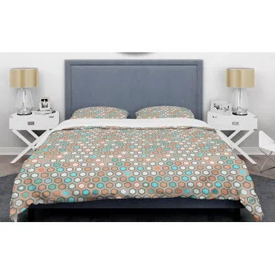 Design Art Retro Hexagon Iii Mid-century Duvet Cover Set In Brown,orange