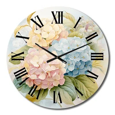 Design Art Retro Hydrangea Bouquet In Vintage Pastel Ii Metal Wall Clock In Blue;black;green;pink