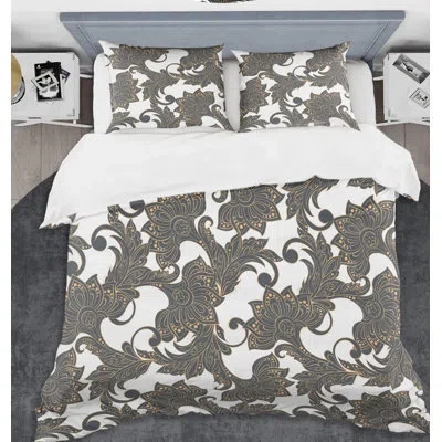 Design Art Retro Indian Floral Batik I Mid-century Duvet Cover Set In Black