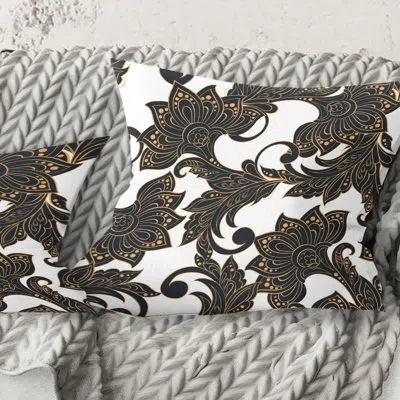 Design Art Retro Indian Floral Batik I - Mid-century Modernprinted Throw Pillow In Black