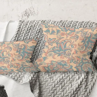 Design Art Retro Indian Floral Batik Ii - Mid-century Modernprinted Throw Pillow In Blue