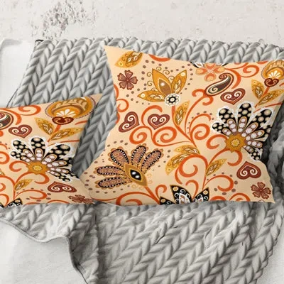 Design Art Retro Indian Floral Batik Iii - Mid-century Modernprinted Throw Pillow In Orange