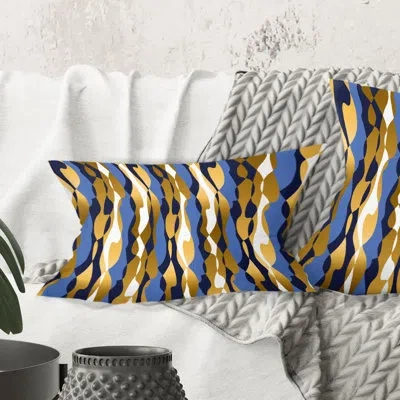 Design Art Retro Luxury Waves In Gold And Blue I - Mid-century Modern Printed Throw Pillow