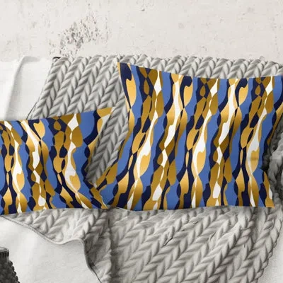 Design Art Retro Luxury Waves In Gold And Blue I - Mid-century Modernprinted Throw Pillow