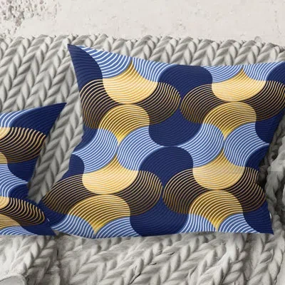Design Art Retro Luxury Waves In Gold And Blue Ii - Mid-century Modernprinted Throw Pillow