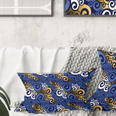 Design Art Retro Luxury Waves In Gold And Blue Iii - Mid-century Modern Printed Throw Pillow