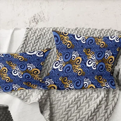Design Art Retro Luxury Waves In Gold And Blue Iii - Mid-century Modernprinted Throw Pillow