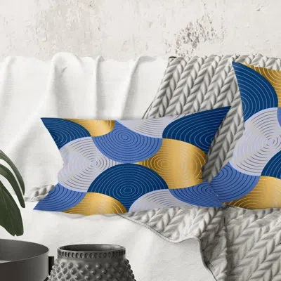 Design Art Retro Luxury Waves In Gold And Blue X - Mid-century Modern Printed Throw Pillow